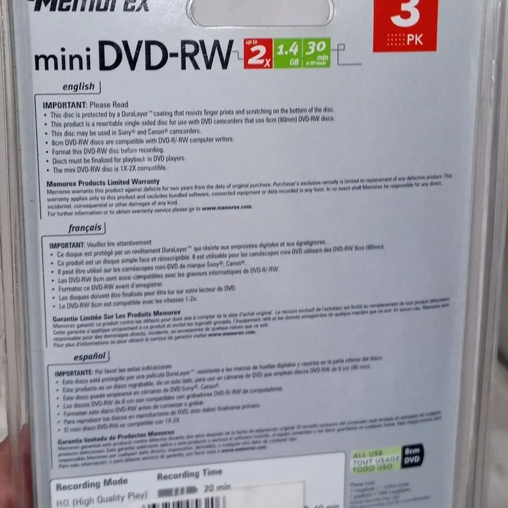 Memorex Mini DVD-RW 3 Pack 2X 1.4GB 30 min Single Sided DVD Camcorder New 2006